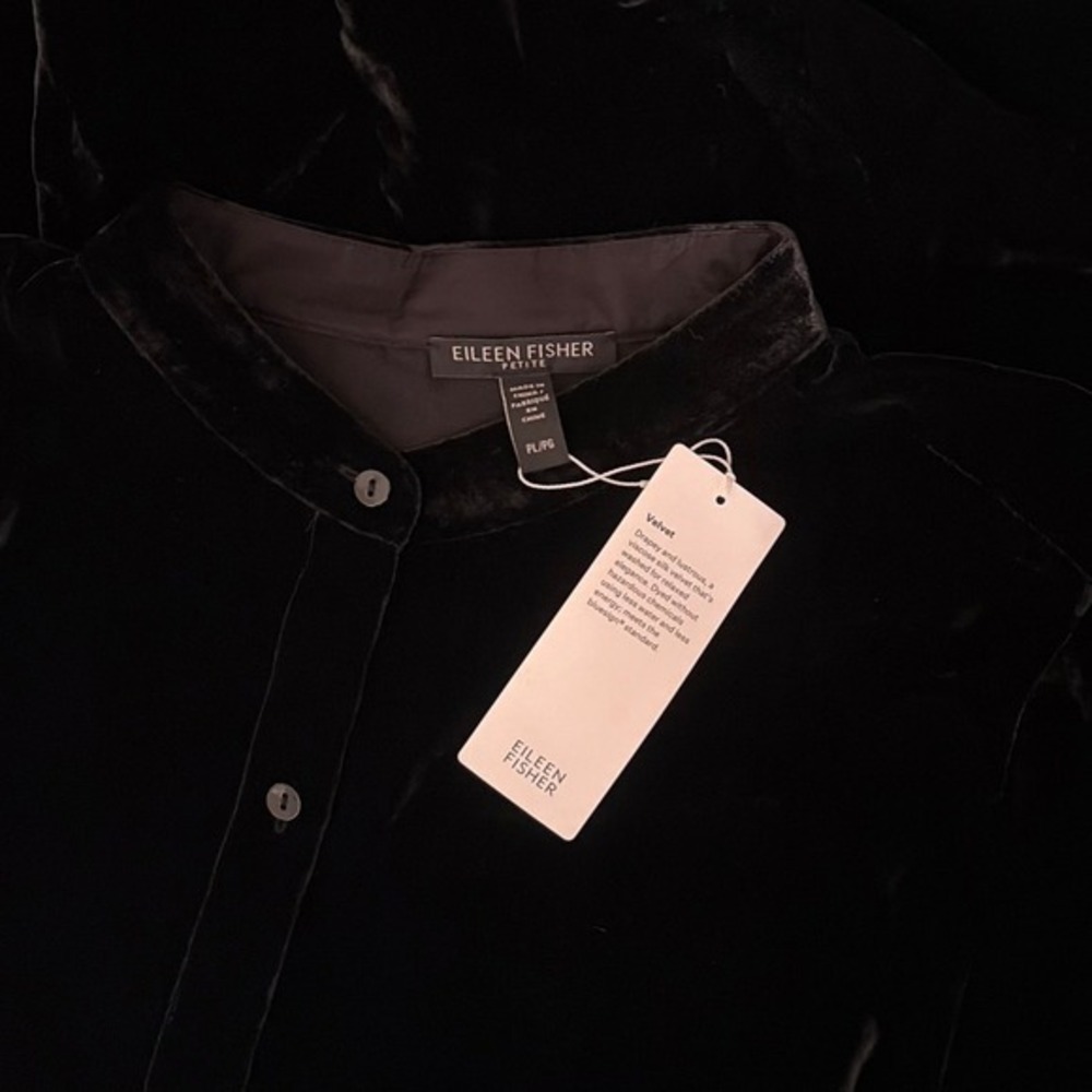 NWT! EILEEN FISHER Silk Velvet Mandarin Collar Top Buttondown Black Large Petite - Picture 10 of 14